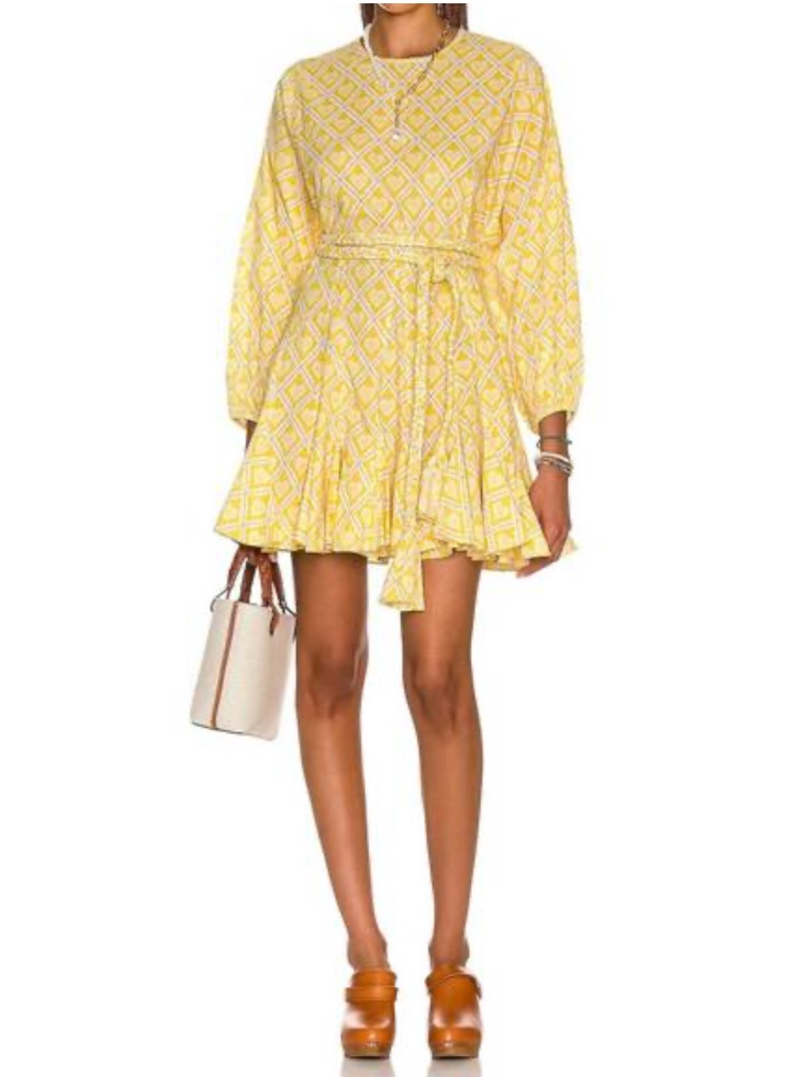 Rhone Ella Heart Print Pleated Ruffle Babydoll Mini Dress Yellow Xs